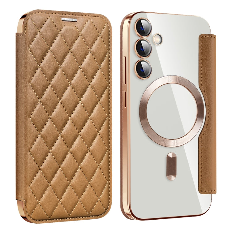 For Samsung Galaxy S23 FE 5G Shield Magsafe RFID Anti-theft Rhombus Leather Phone Case(Brown) - Galaxy S23 FE 5G Cases by PMC TechLife | Online Shopping South Africa | PMC TechLife