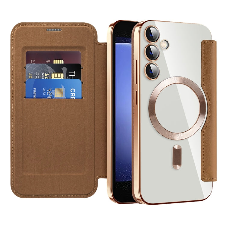 For Samsung Galaxy S23 FE 5G Shield Magsafe RFID Anti-theft Rhombus Leather Phone Case(Brown) - Galaxy S23 FE 5G Cases by PMC TechLife | Online Shopping South Africa | PMC TechLife