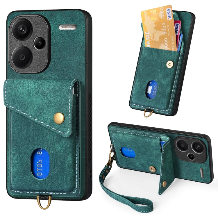 For Xiaomi Redmi Note 13 Pro+ Retro Card Wallet Fold Leather Phone Case with Strap(Green) -  by PMC TechLife | Online Shopping South Africa | PMC TechLife | Buy Now Pay Later Mobicred