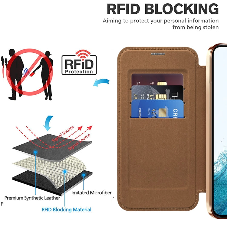 For Samsung Galaxy S22 5G Shield MagSafe RFID Anti-theft Leather Phone Case(Brown) - free shipping - PMC TechLife - Order now!