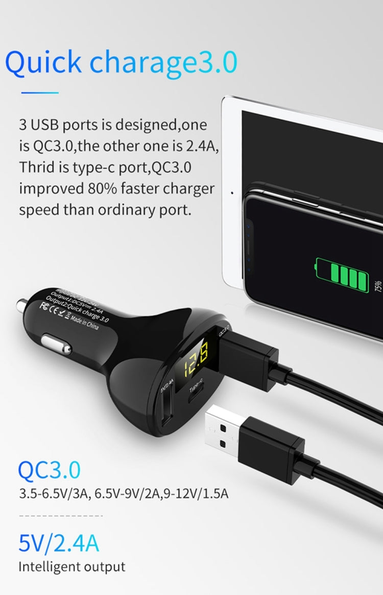 C02 Car Power Adapter in-car Phone Charger Type-C Fast Charger QC3.0 Dual USB Ports DC5V 2.4A 12V 24V Cigarette Lighter Power Supply - Car Charger by PMC Jewellery | Online Shopping South Africa | PMC Jewellery