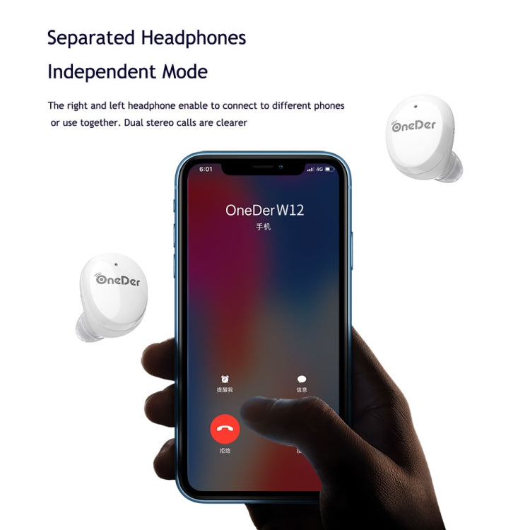 OneDer W12 Wireless Earphone with Waterproof IPX5 HD Stereo Sound TWS Bluetooth Earphone(White) - free shipping - PMC TechLife - Order now!