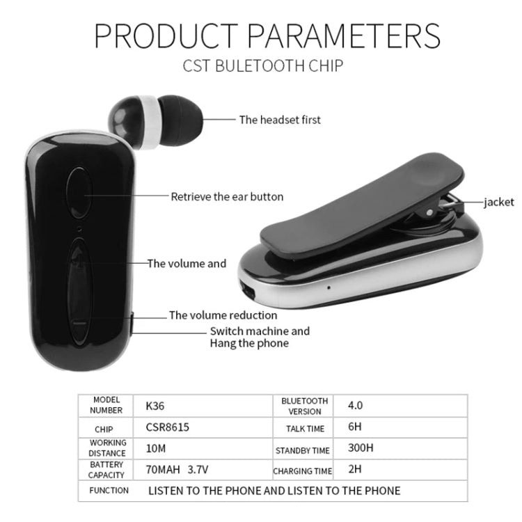 K36 Stereo Wireless Bluetooth Headset Calls Remind Vibration Wear Clip Driver Auriculares Earphone(Black) - Bluetooth Earphone by PMC TechLife | Online Shopping South Africa | PMC TechLife