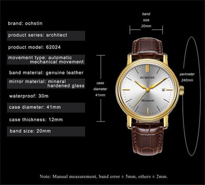 Ochstin 2024 Automatic Mechanical Watch Men Waterproof Calendar Leather Business Mechanical Men Watch(Silver Black) - Leather Strap Watches by OCHSTIN | Online Shopping South Africa | PMC Jewellery | Buy Now Pay Later Mobicred