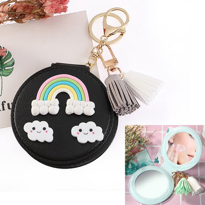 PU Leather Double-sided Folding Mirror Rainbow Tassel Makeup Mirror Keychain(Black) - Mirror by PMC Jewellery | Online Shopping South Africa | PMC Jewellery