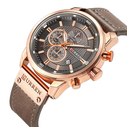 CURREN M8291 Chronograph Watches Casual Leather Watch for Men(Rose case gray face) - Leather Strap Watches by CURREN | Online Shopping South Africa | PMC Jewellery | Buy Now Pay Later Mobicred