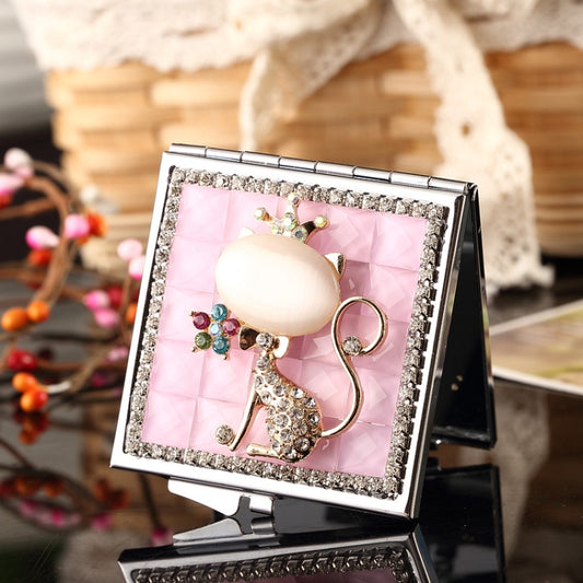 Mini Portable Folding Makeup Mirror Opal Fox With Diamonds(Pink) - Mirror by PMC Jewellery | Online Shopping South Africa | PMC Jewellery