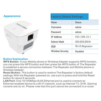 PIXLINK WR12 300Mbps WIFI Signal Amplification Enhanced Repeater, Plug Type:US Plug - Broadband Amplifiers by PIXLINK | Online Shopping South Africa | PMC Jewellery | Buy Now Pay Later Mobicred