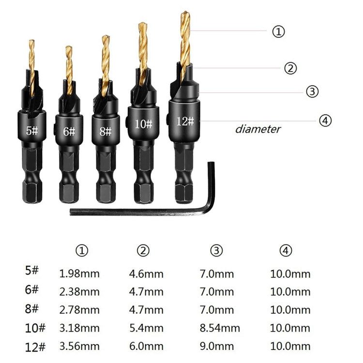 5 PCS/Set Countersink Woodworking Drill Bit Set Hexagon Screw Hardware Tool(Gold) - Drill & Drill Bits by PMC TechLife | Online Shopping South Africa | PMC TechLife