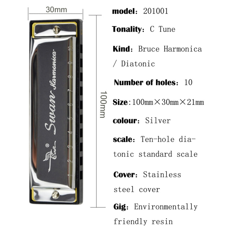 Swan 10 Holes Full-scale Bruce Harmonica Beginner Children Adult Students Playing Musical Instruments - Wind Instruments by PMC Jewellery | Online Shopping South Africa | PMC Jewellery