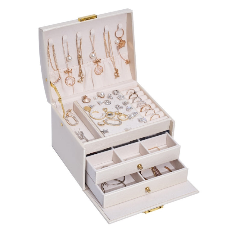 Three-Layer Leather Drawer Type Jewelry Storage Box Earrings Box With Lock(Creamy White) - Jewelry Storages by PMC Jewellery | Online Shopping South Africa | PMC Jewellery | Buy Now Pay Later Mobicred