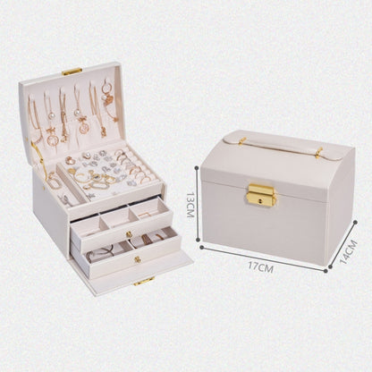 Three-Layer Leather Drawer Type Jewelry Storage Box Earrings Box With Lock(Creamy White) - Jewelry Storages by PMC Jewellery | Online Shopping South Africa | PMC Jewellery | Buy Now Pay Later Mobicred