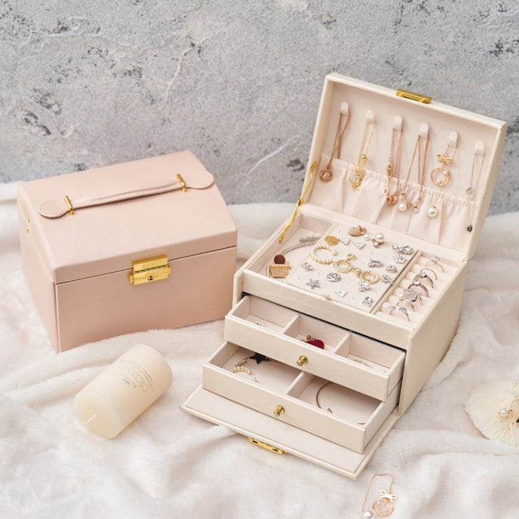 Three-Layer Leather Drawer Type Jewelry Storage Box Earrings Box With Lock(Creamy White) - Jewelry Storages by PMC Jewellery | Online Shopping South Africa | PMC Jewellery | Buy Now Pay Later Mobicred