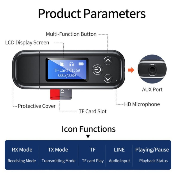 K15Pro With LCD Screen Bluetooth Adapter Audio Receiver Transmitter 3.5mm AUX Car Hands-Free - Bluetooth Adapters by PMC Jewellery | Online Shopping South Africa | PMC Jewellery