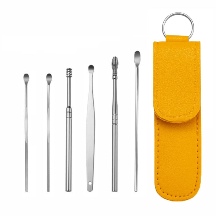 5 Sets 6 In 1 Stainless Steel Spring Spiral Portable Ear Pick, Specification: Yellow Leather Case - Ear Care Tools by PMC TechLife | Online Shopping South Africa | PMC TechLife