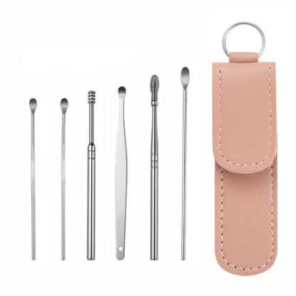 5 Sets 6 In 1 Stainless Steel Spring Spiral Portable Ear Pick, Specification: Pink Leather Case - Ear Care Tools by PMC Jewellery | Online Shopping South Africa | PMC Jewellery