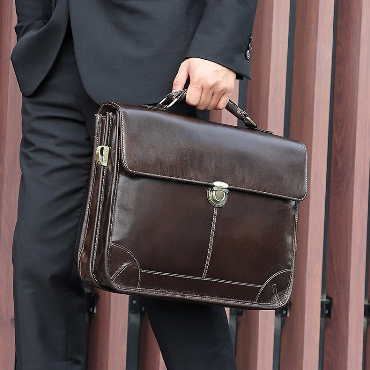 Men Retro Cowhide Leather Briefcase Multifunctional Laptop Bag for 15.6 Inch Computer(Coffee) - free shipping - PMC TechLife - Order now!
