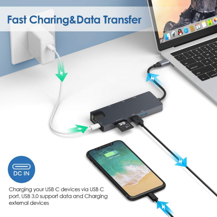 8 In 1 Type-C To HDMI+VAG Gigabit RJ45+USB3.0 Docking Station(Gray) - USB HUB by PMC TechLife | Online Shopping South Africa | PMC TechLife