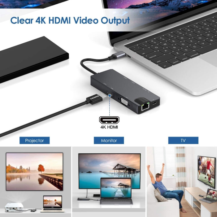 8 In 1 Type-C To HDMI+VAG Gigabit RJ45+USB3.0 Docking Station(Gray) - USB HUB by PMC TechLife | Online Shopping South Africa | PMC TechLife