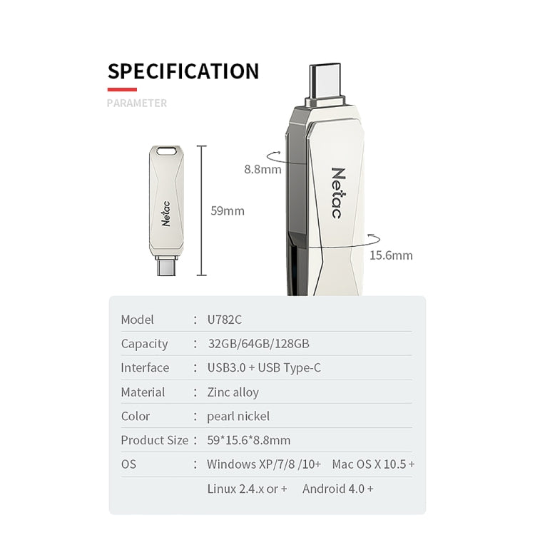 Netac U782C Type-C Dual Interface High-Speed Metal Computer USB Flash Drive, Capacity: 64GB - USB Flash Drives by Netac | Online Shopping South Africa | PMC TechLife | Buy Now Pay Later Mobicred