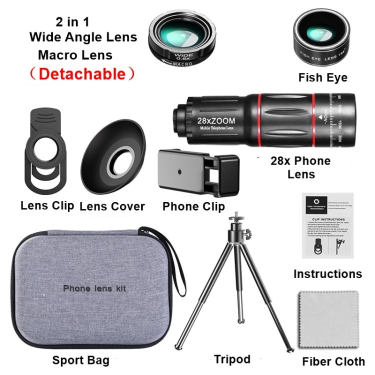 Mobile Phone Universal Lens Telescope 28X + Wide Angle 0.6X + Macro 20X + Fisheye 198 Degree Set - Combination Lens by PMC Jewellery | Online Shopping South Africa | PMC Jewellery