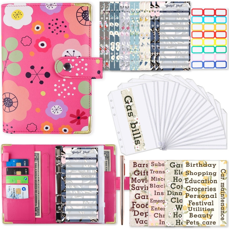 A6 PU Leather Color Printing Notebook Zipper Bag Loose-leaf Budget Binder(Flower-Rose Red) - Notebooks by PMC TechLife | Online Shopping South Africa | PMC TechLife