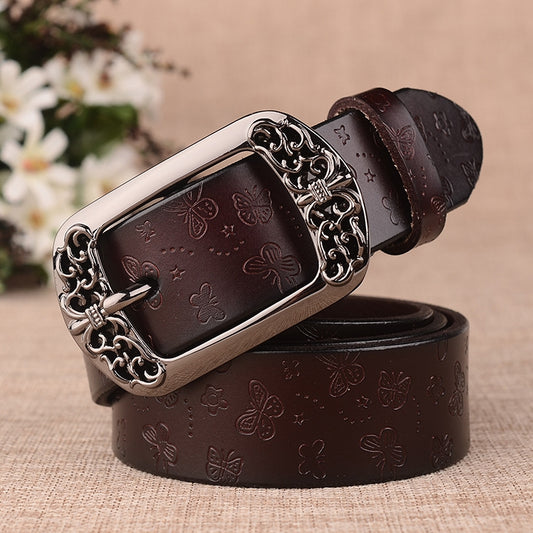 ZK--067 Retro Engraved Buckle Butterfly Print Pin Buckle Leather Belt, Length: 110cm(Coffee) - Belts by PMC Jewellery | Online Shopping South Africa | PMC Jewellery