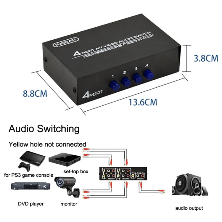 FJGEAR FJ-401AV Lotus Head Interface 4-way AV Audio and Video Switcher(Black) - free shipping - PMC TechLife - Order now!