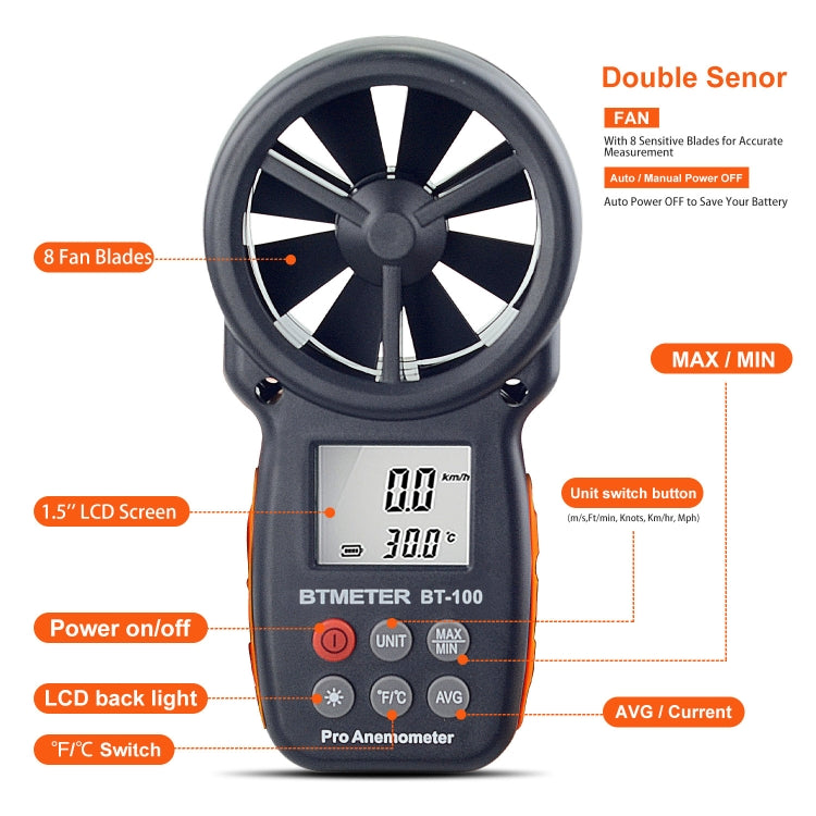 BT-100 Handheld Anemometer Wind Speed Wind Chill Temperature Measuring Instrument(Black) - Tachometers & Anemometer by PMC TechLife | Online Shopping South Africa | PMC TechLife | Buy Now Pay Later Mobicred