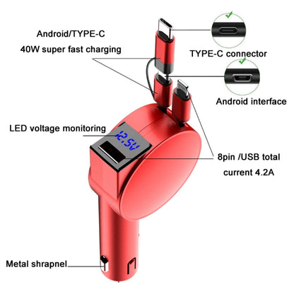 3 In 1 60W Fast Charging Dual Cable Retractable Car Charger(Black) - Car Charger by PMC Jewellery | Online Shopping South Africa | PMC Jewellery