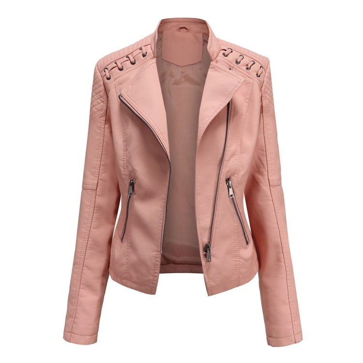 Women Short Leather Jacket Slim Jacket Motorcycle Suit, Size: S(Pink) - Jacket & Loose Coat by PMC Jewellery | Online Shopping South Africa | PMC Jewellery