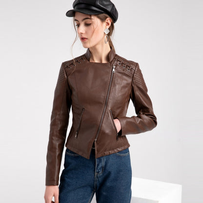 Women Short Leather Jacket Slim Jacket Motorcycle Suit, Size: XXXL(Pale Lisianthus) - Jacket & Loose Coat by PMC Jewellery | Online Shopping South Africa | PMC Jewellery