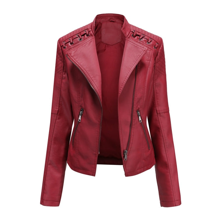 Women Short Leather Jacket Slim Jacket Motorcycle Suit, Size: L(Red) - Jacket & Loose Coat by PMC Jewellery | Online Shopping South Africa | PMC Jewellery