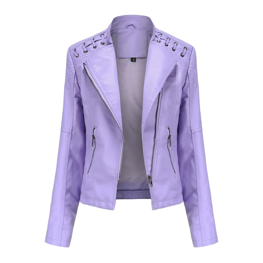 Women Short Leather Jacket Slim Jacket Motorcycle Suit, Size: L(Pale Lisianthus) - Jacket & Loose Coat by PMC Jewellery | Online Shopping South Africa | PMC Jewellery