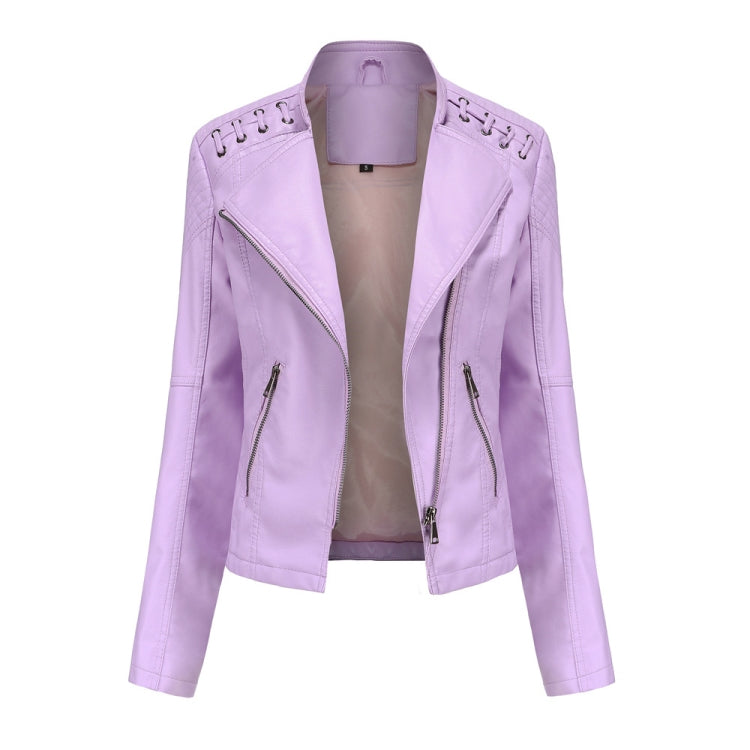 Women Short Leather Jacket Slim Jacket Motorcycle Suit, Size: L(Light Cherry Pink) - Jacket & Loose Coat by PMC Jewellery | Online Shopping South Africa | PMC Jewellery