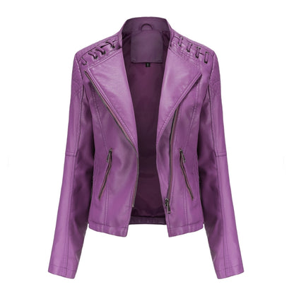 Women Short Leather Jacket Slim Jacket Motorcycle Suit, Size: XXL(Violet) - Jacket & Loose Coat by PMC Jewellery | Online Shopping South Africa | PMC Jewellery