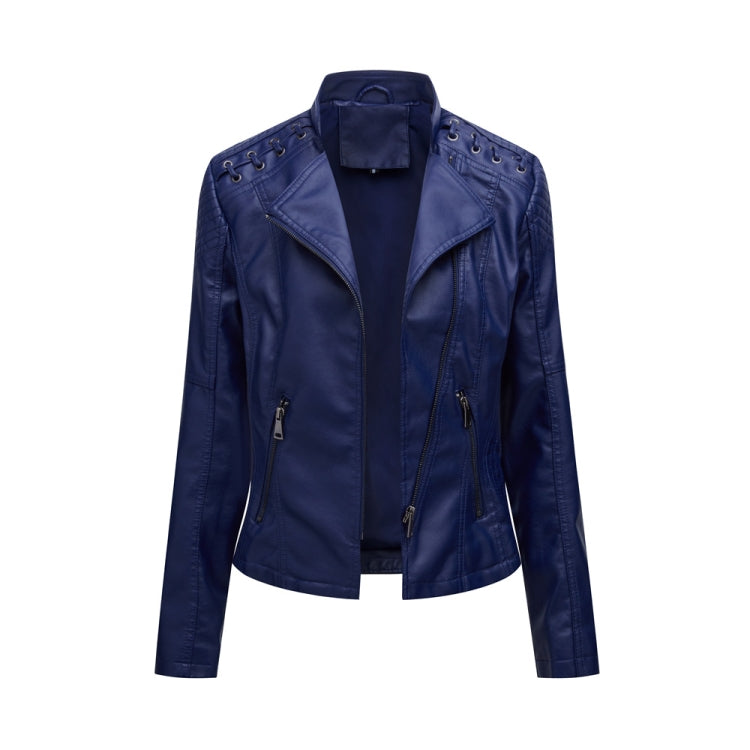 Women Short Leather Jacket Slim Jacket Motorcycle Suit, Size: XXL(Navy) - Jacket & Loose Coat by PMC Jewellery | Online Shopping South Africa | PMC Jewellery