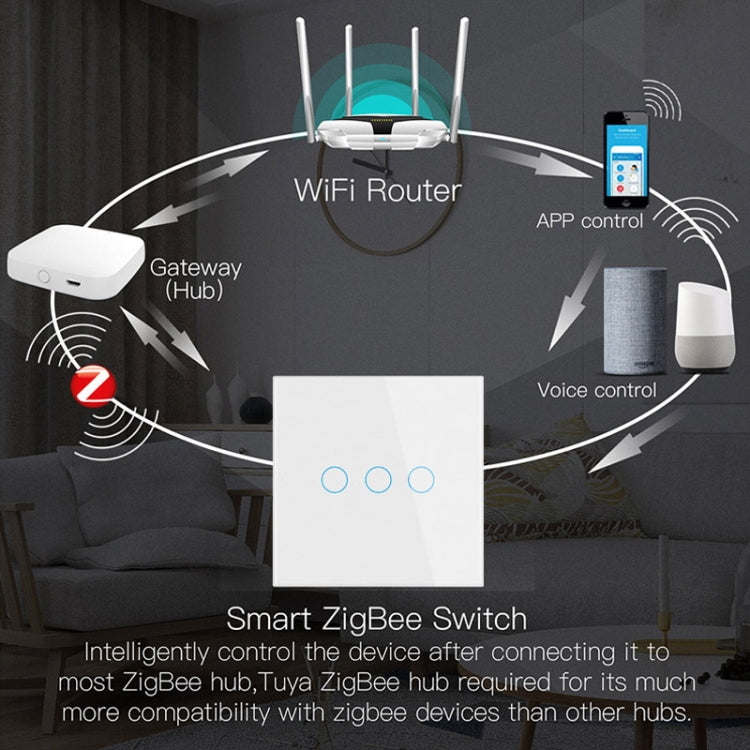 Tuya ZigBee Zero Firewire Touch Wall Remote Control Switch Light Control Voice Switch EU Plug, Style: 3 Gang (White) - Smart Switch by PMC Jewellery | Online Shopping South Africa | PMC Jewellery