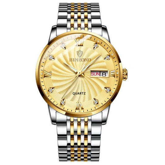 BINBOND B3034 Diamond 30m Waterproof Business Watch Men's Butterfly Buckle Luminous Quartz Watch(Inter-gold-Gold) - Metal Strap Watches by BINBOND | Online Shopping South Africa | PMC Jewellery | Buy Now Pay Later Mobicred