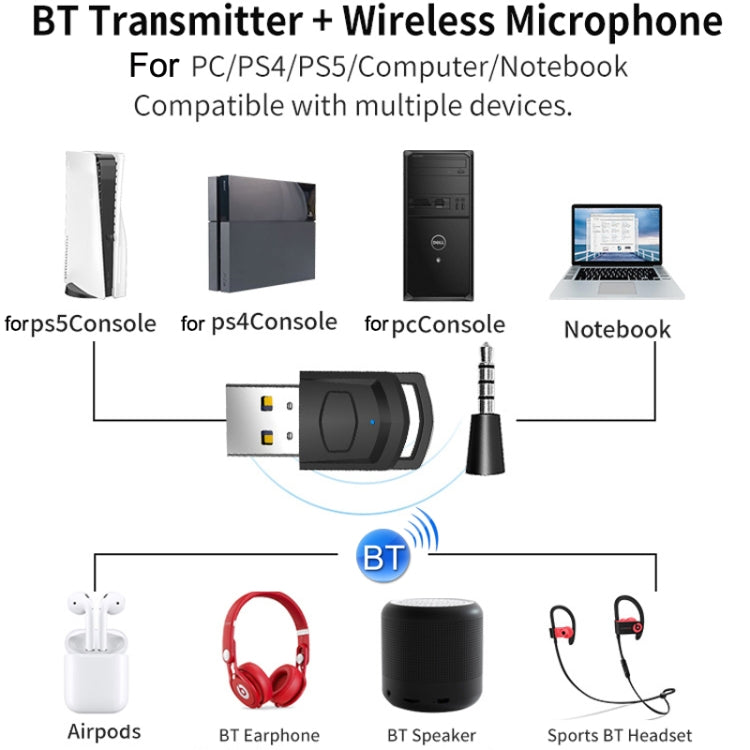 For PS4 / PS5 / PC HS-PS5101 Bluetooth 5.0 Adapter Audio Receiver Wireless Headset Transmitter(Black) - Audio Receiver Transmitter by PMC TechLife | Online Shopping South Africa | PMC TechLife