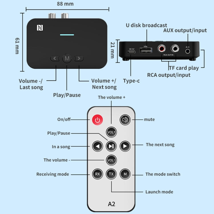 A2 NFC 5.1 Bluetooth U Disk/TF Card/AUX/RCA Receiving Transmitter - Audio Receiver Transmitter by PMC TechLife | Online Shopping South Africa | PMC TechLife