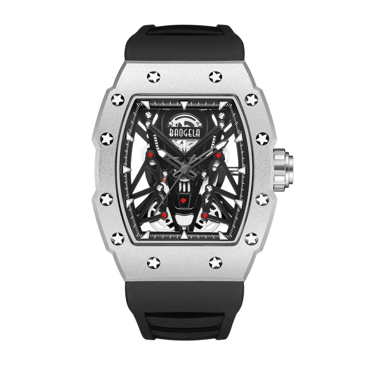 BAOGELA 224145 Barrel Skeleton Waterproof Sports Stainless Steel Silicone Men Watch(Steel Shell Black Belt) - Silicone Strap Watches by BAOGELA | Online Shopping South Africa | PMC Jewellery