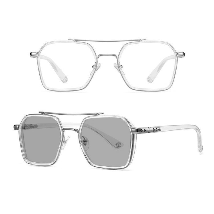 A5 Double Beam Polarized Color Changing Myopic Glasses, Lens: -450 Degrees Gray Change Grey(Transparent Silver Frame) - Plain Glass Spectacles by PMC Jewellery | Online Shopping South Africa | PMC Jewellery