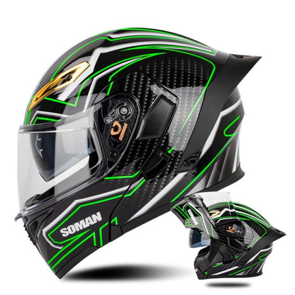 SOMAN Motorcycle Dual Lens Riding Peel-Off Full Coverage Helmet, Size: M(Bright Black Green) - Helmets by SOMAN | Online Shopping South Africa | PMC Jewellery | Buy Now Pay Later Mobicred