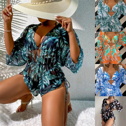 Leaf-print Waist Lace-up Three-Piece Bikini Set Long-sleeved Beach Sun Protection Swimsuit, Size: L(Black) - Swimwear by PMC Jewellery | Online Shopping South Africa | PMC Jewellery