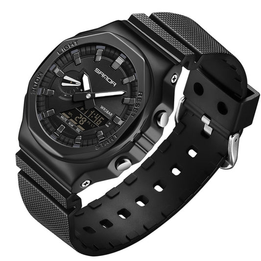 SANDA Octagonal Oak Hand Lamp Waterproof Sports Alarm Clock Men Watch(Full Black) - Silicone Strap Watches by SANDA | Online Shopping South Africa | PMC Jewellery | Buy Now Pay Later Mobicred