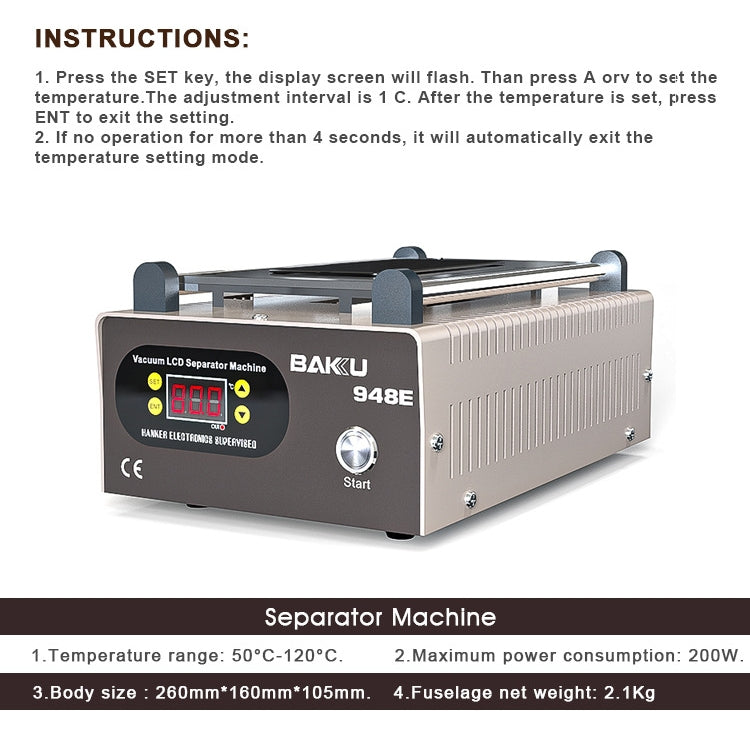 BAKU BA-948E Mobile Phone Liquid Crystal Separation Machine Flat Display Separator Heating Board US Plug 110V - free shipping - PMC TechLife - Order now!