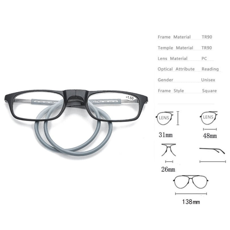 Portable Magnetic Hanging Neck Retractable Reading Glasses +125(Black Frame Gray Legs) - Presbyopic Glasses by PMC Jewellery | Online Shopping South Africa | PMC Jewellery