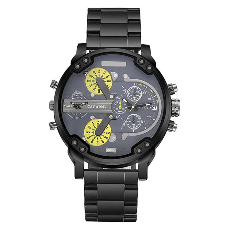 CAGARNY 6820 Fashionable Business Style Large Dial Dual Time Zone Quartz Movement Wrist Watch with Stainless Steel Band & Calendar Function for Men(Black Band Yellow Needle) - Metal Strap Watches by CAGARNY | Online Shopping South Africa | PMC Jewellery | Buy Now Pay Later Mobicred