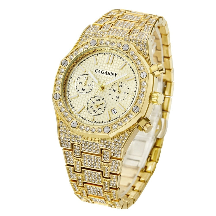 CAGARNY 6881 Diamond-studded Six-needles Guartz Dual Movement Watch Men Stainless Steel Strap Watch (Gold Shell Gold Dial) - Metal Strap Watches by CAGARNY | Online Shopping South Africa | PMC Jewellery | Buy Now Pay Later Mobicred